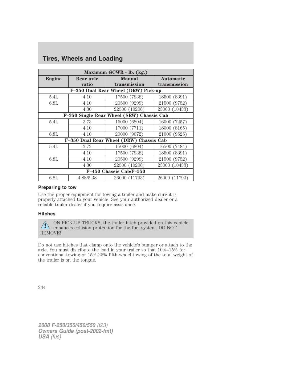 Preparing to tow, Hitches, Tires, wheels and loading | FORD 2008 F-550 v.4 User Manual | Page 244 / 400