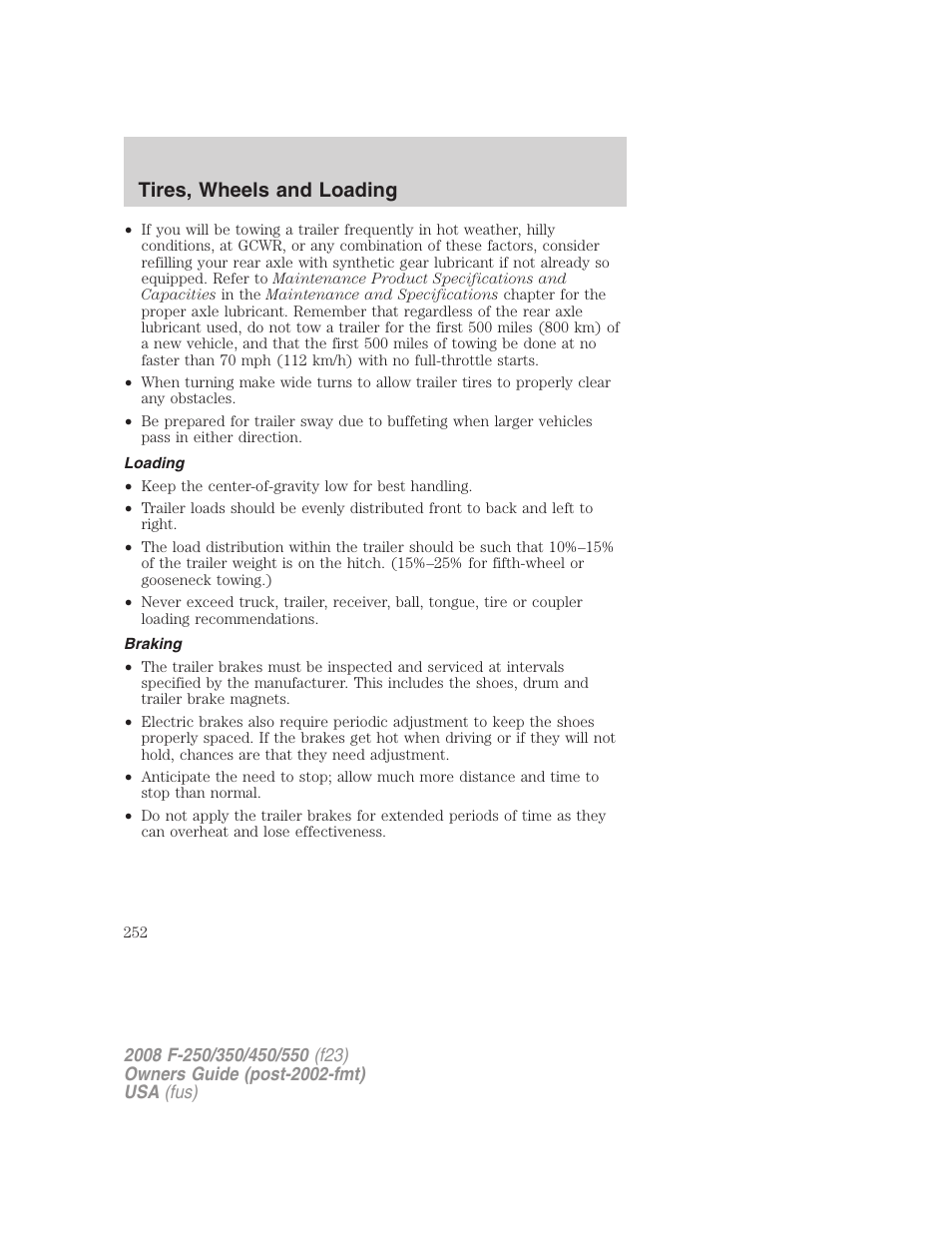 Loading, Braking, Tires, wheels and loading | FORD 2008 F-550 v.4 User Manual | Page 252 / 400