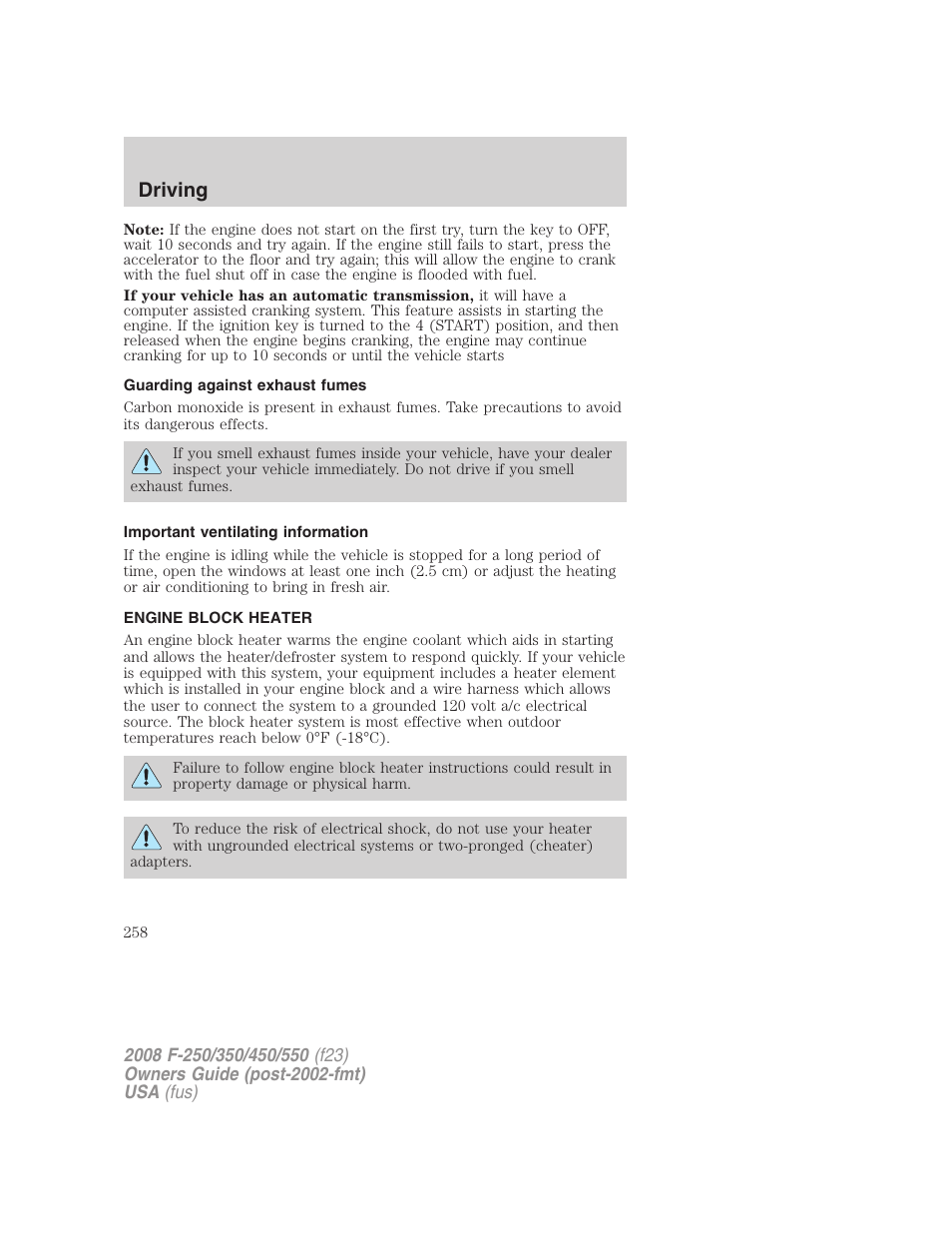 Guarding against exhaust fumes, Important ventilating information, Engine block heater | Driving | FORD 2008 F-550 v.4 User Manual | Page 258 / 400