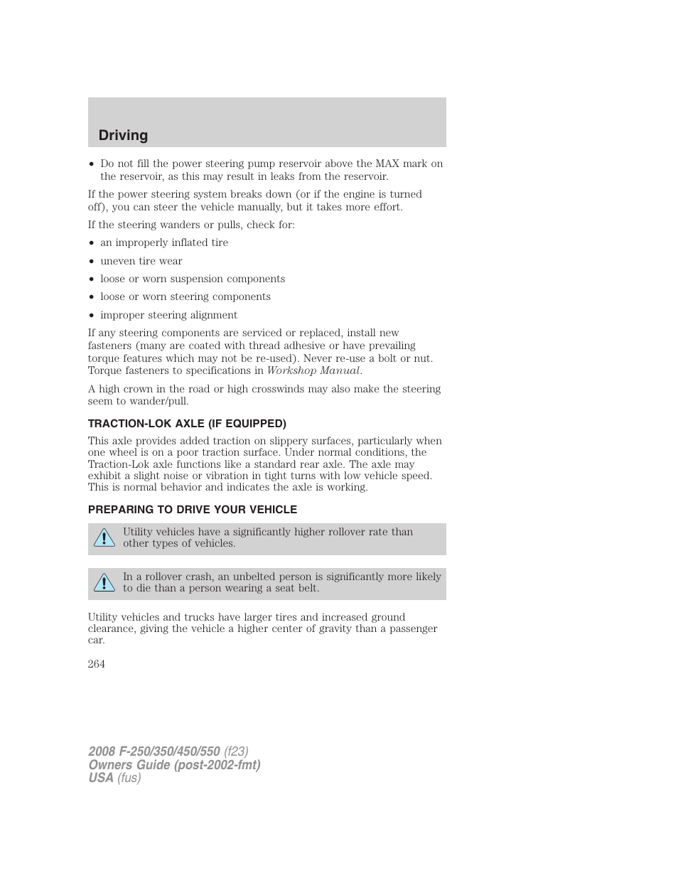 Traction-lok axle (if equipped), Preparing to drive your vehicle, Driving | FORD 2008 F-550 v.4 User Manual | Page 264 / 400