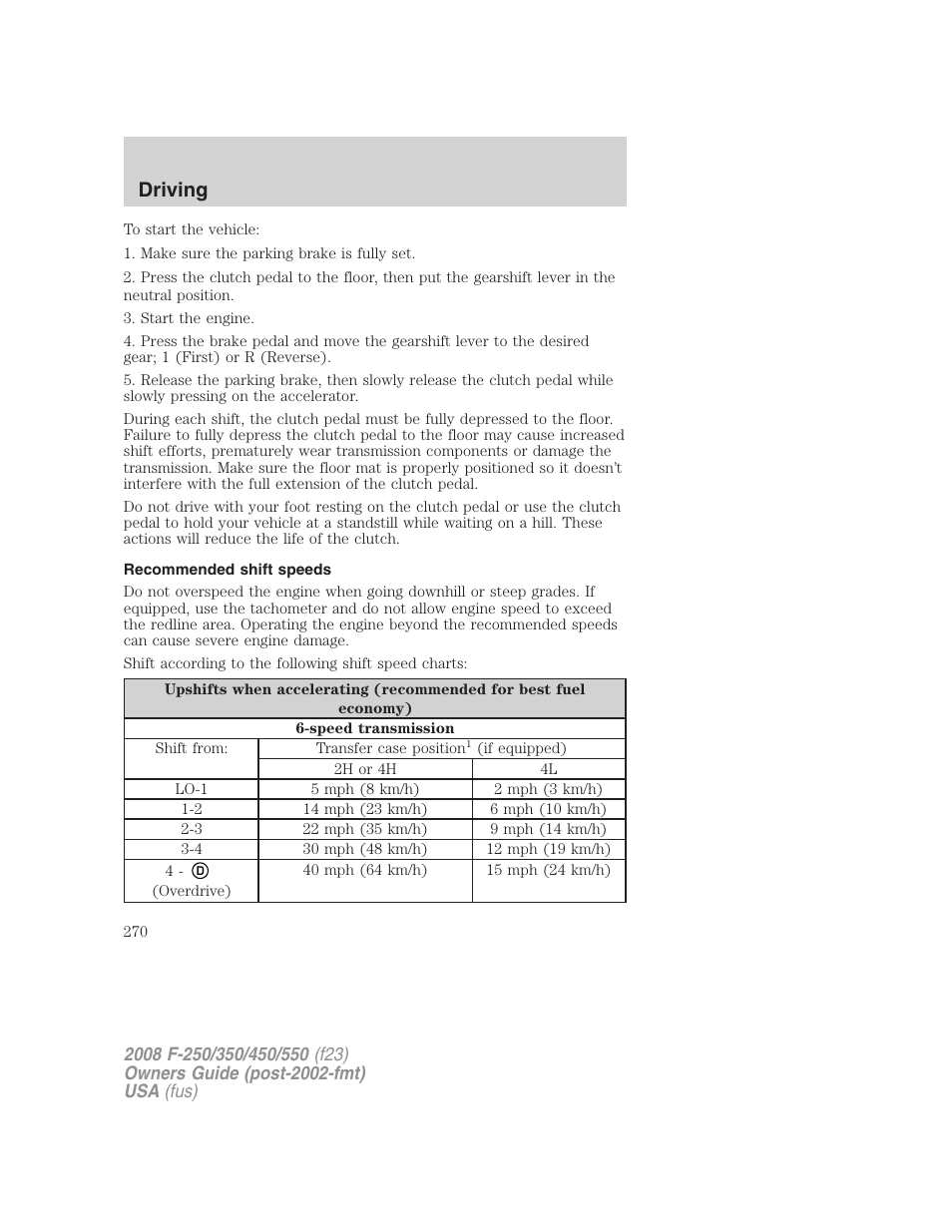 Recommended shift speeds, Driving | FORD 2008 F-550 v.4 User Manual | Page 270 / 400