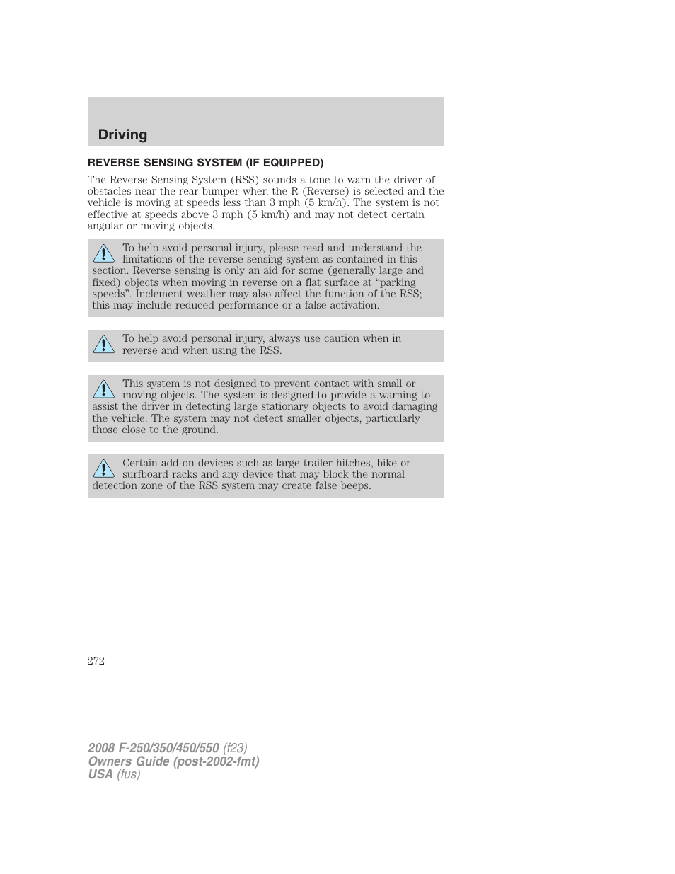Reverse sensing system (if equipped), Driving | FORD 2008 F-550 v.4 User Manual | Page 272 / 400