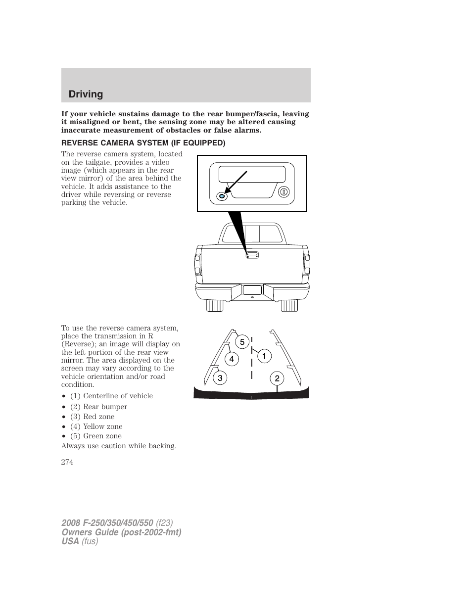 Reverse camera system (if equipped), Driving | FORD 2008 F-550 v.4 User Manual | Page 274 / 400