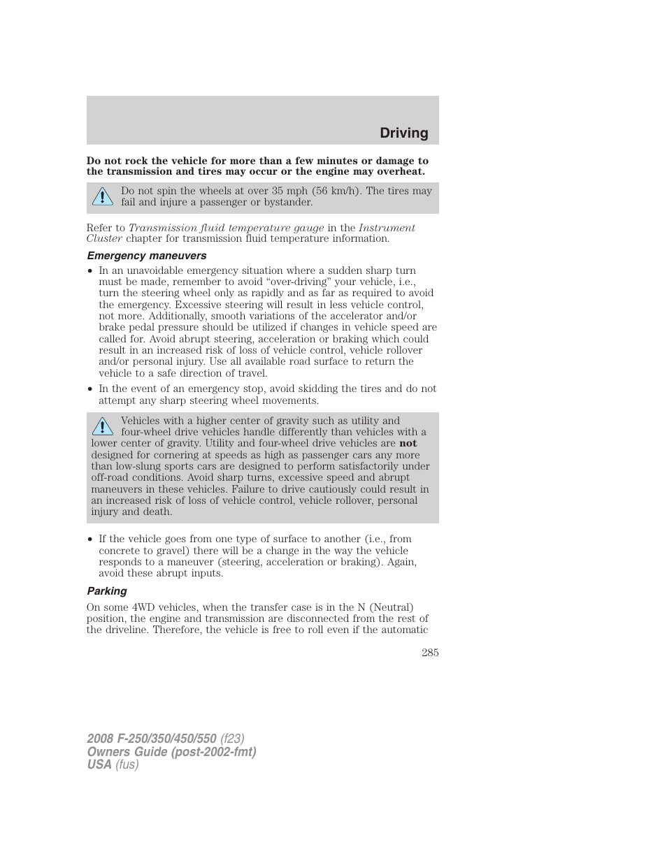 Emergency maneuvers, Parking, Driving | FORD 2008 F-550 v.4 User Manual | Page 285 / 400