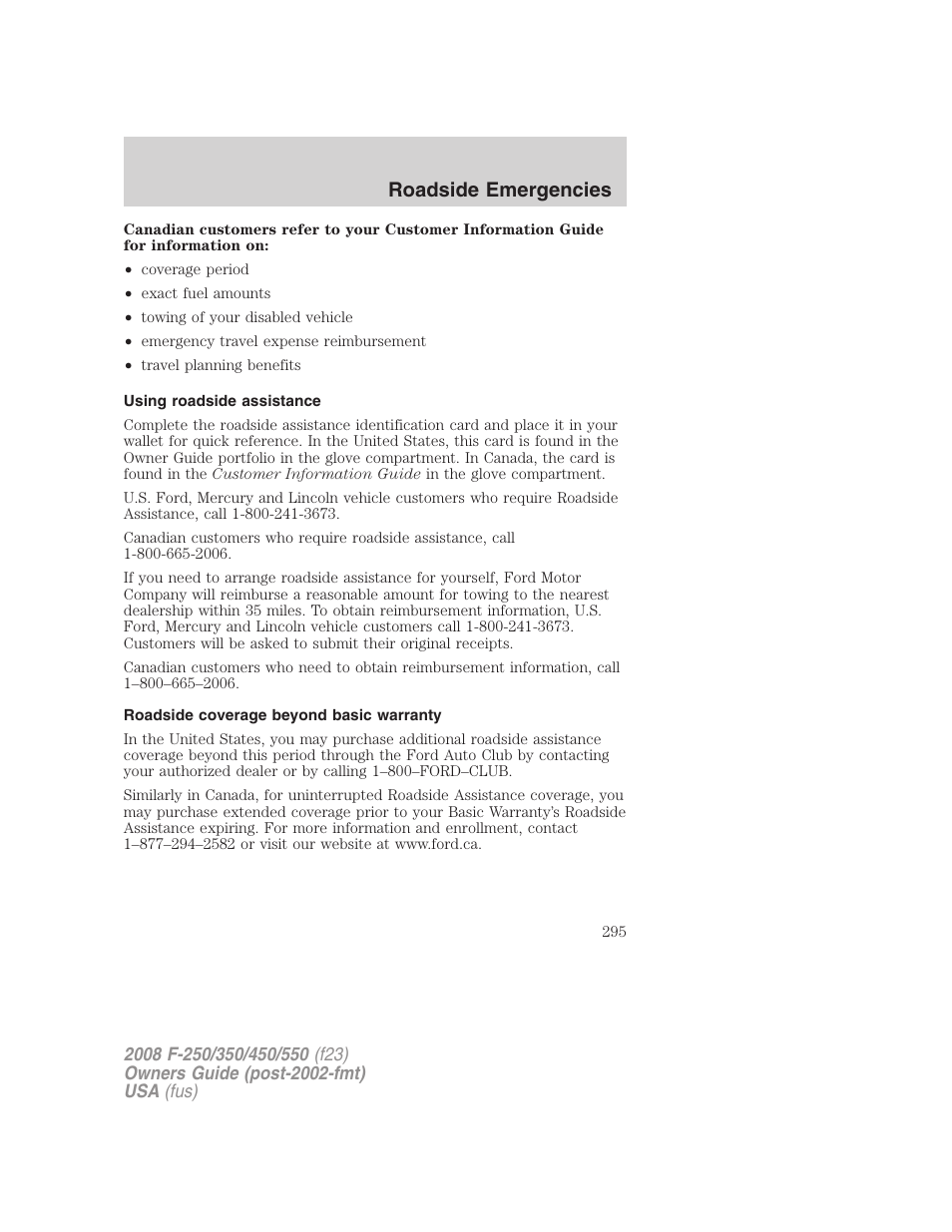 Using roadside assistance, Roadside coverage beyond basic warranty, Roadside emergencies | FORD 2008 F-550 v.4 User Manual | Page 295 / 400