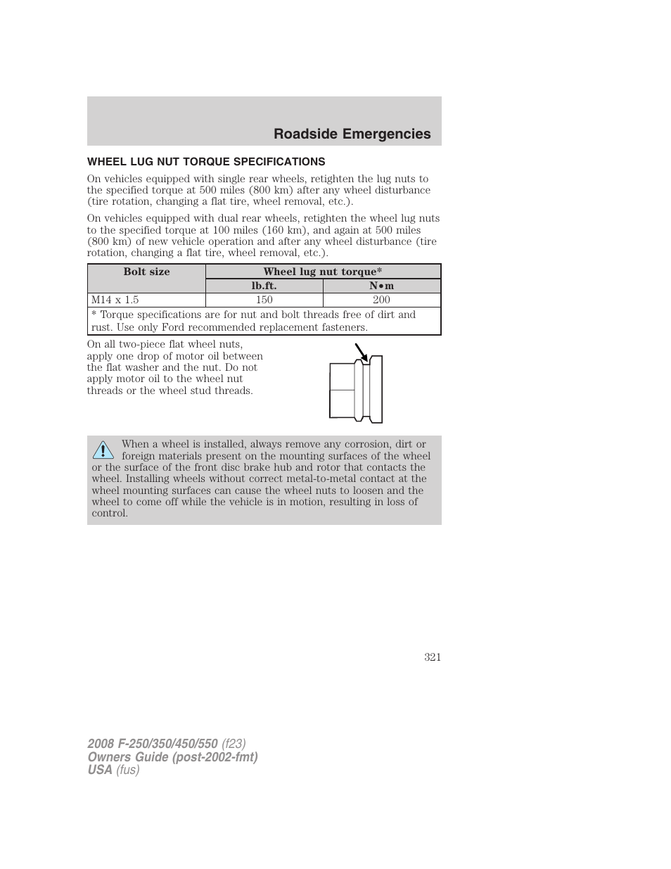 Wheel lug nut torque specifications, Lug nut torque, Roadside emergencies | FORD 2008 F-550 v.4 User Manual | Page 321 / 400