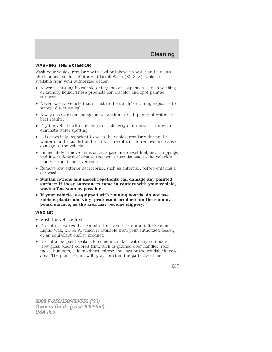 Cleaning, Washing the exterior, Waxing | FORD 2008 F-550 v.4 User Manual | Page 337 / 400