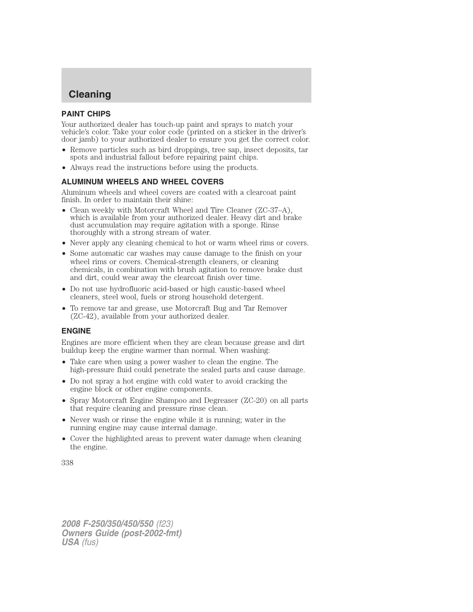 Paint chips, Aluminum wheels and wheel covers, Engine | Cleaning | FORD 2008 F-550 v.4 User Manual | Page 338 / 400