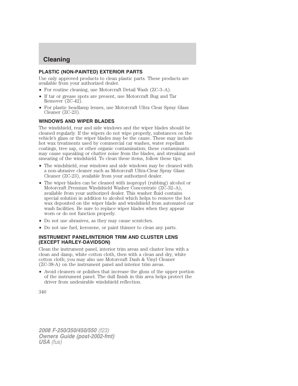Plastic (non-painted) exterior parts, Windows and wiper blades, Cleaning | FORD 2008 F-550 v.4 User Manual | Page 340 / 400