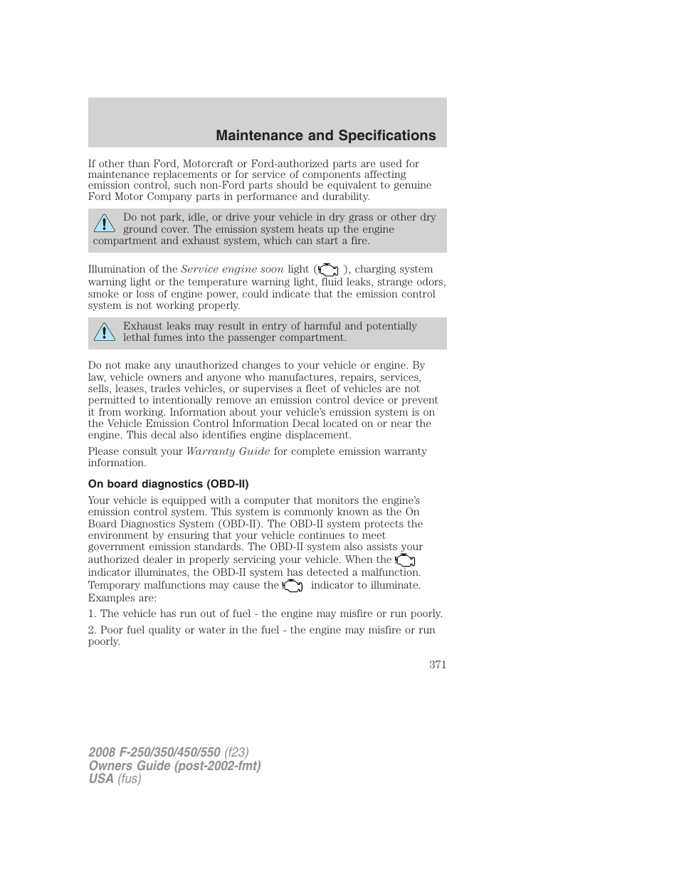 On board diagnostics (obd-ii), Maintenance and specifications | FORD 2008 F-550 v.4 User Manual | Page 371 / 400