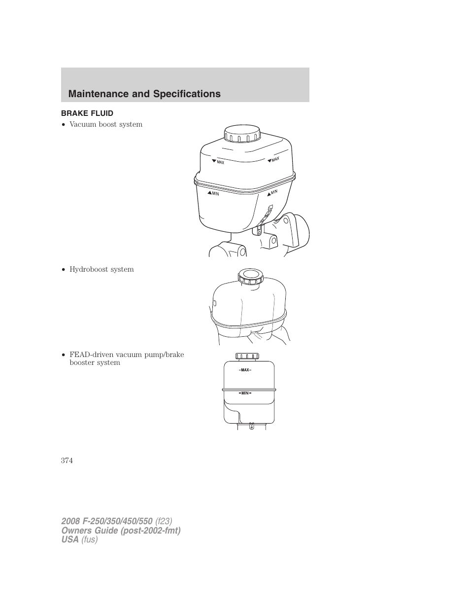 Brake fluid, Maintenance and specifications | FORD 2008 F-550 v.4 User Manual | Page 374 / 400