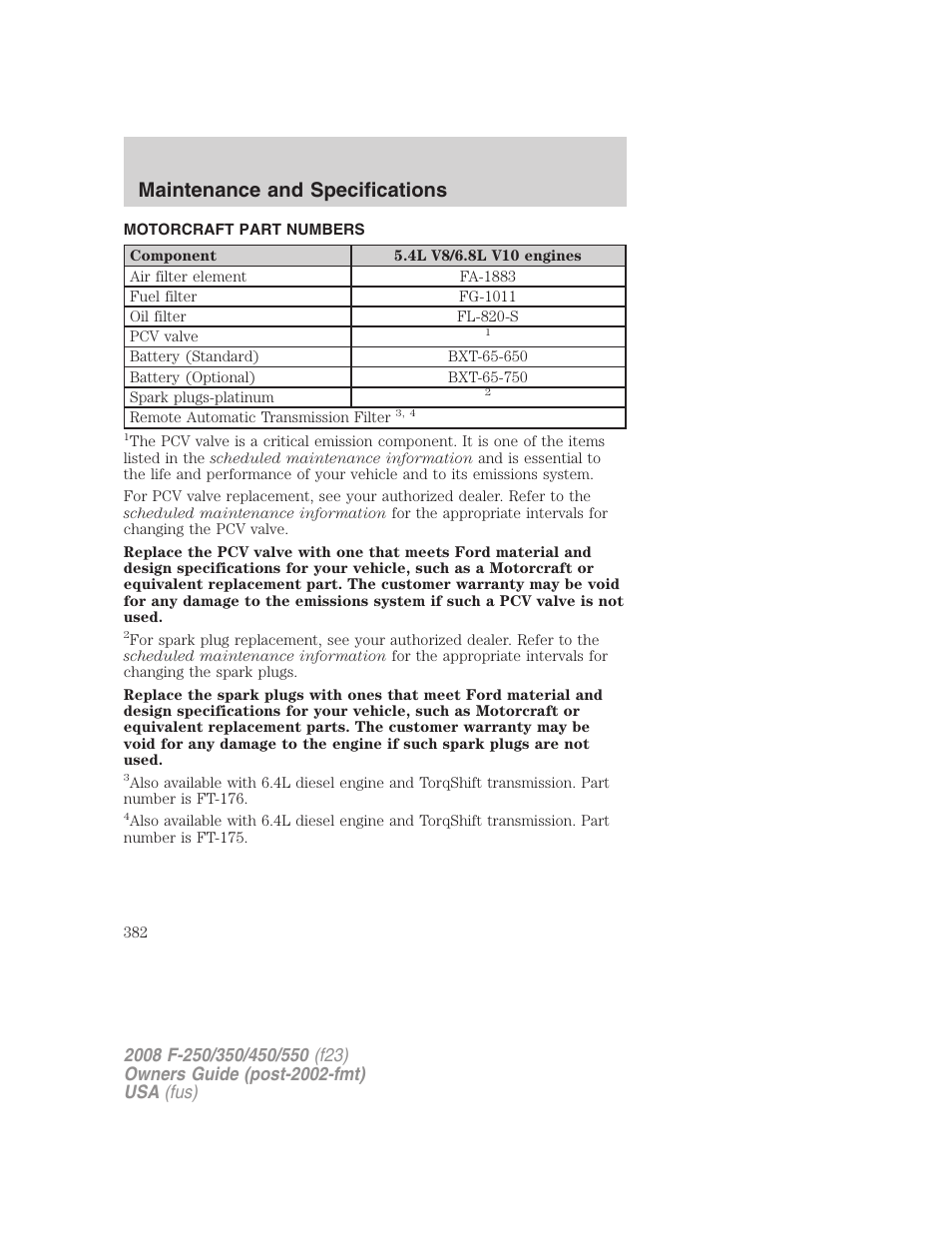 Motorcraft part numbers, Part numbers, Maintenance and specifications | FORD 2008 F-550 v.4 User Manual | Page 382 / 400