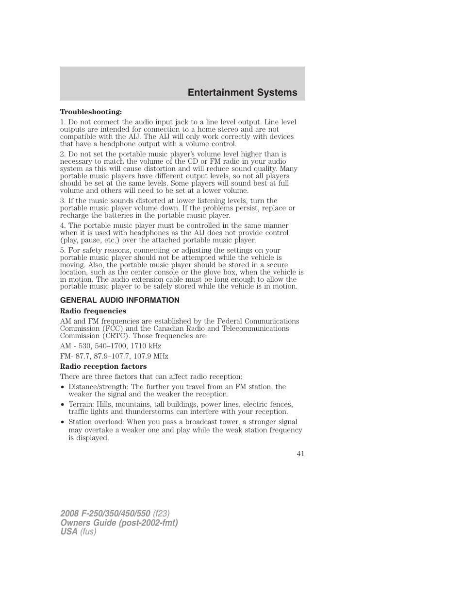 General audio information, Entertainment systems | FORD 2008 F-550 v.4 User Manual | Page 41 / 400