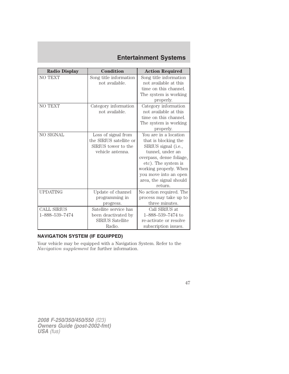 Navigation system (if equipped), Navigation system, Entertainment systems | FORD 2008 F-550 v.4 User Manual | Page 47 / 400