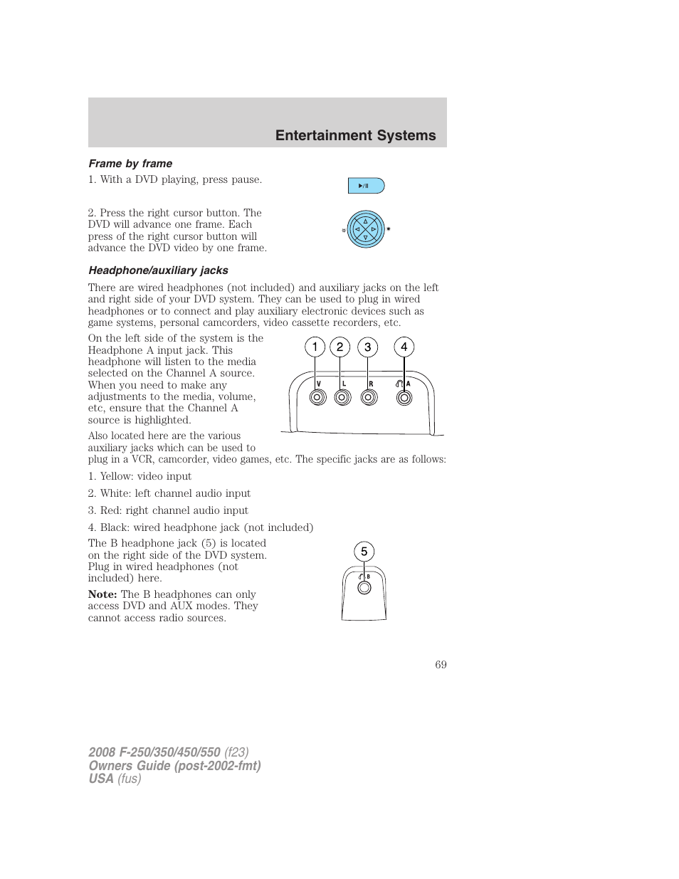 Frame by frame, Headphone/auxiliary jacks, Entertainment systems | FORD 2008 F-550 v.4 User Manual | Page 69 / 400