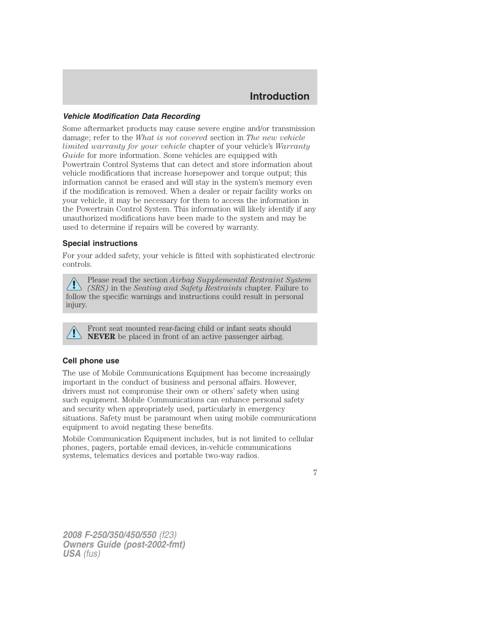 Vehicle modification data recording, Special instructions, Cell phone use | Introduction | FORD 2008 F-550 v.4 User Manual | Page 7 / 400