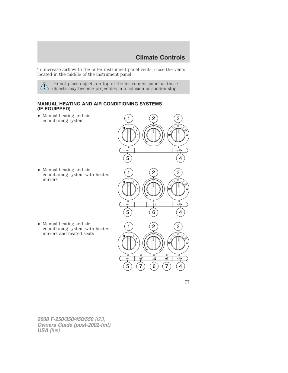 Manual heating and air conditioning, Climate controls | FORD 2008 F-550 v.4 User Manual | Page 77 / 400