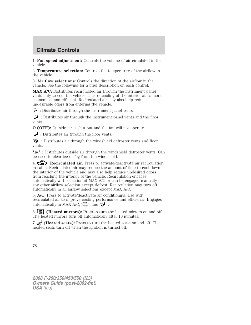 Climate controls | FORD 2008 F-550 v.4 User Manual | Page 78 / 400