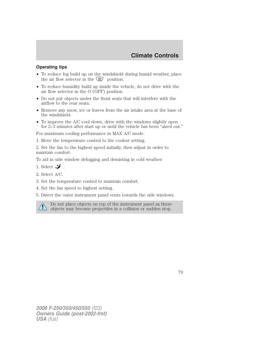 Operating tips, Climate controls | FORD 2008 F-550 v.4 User Manual | Page 79 / 400