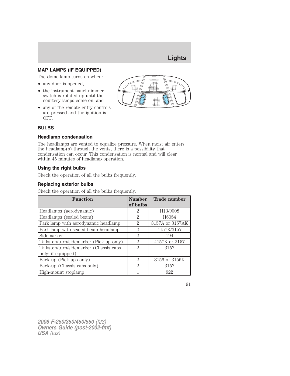 Map lamps (if equipped), Bulbs, Headlamp condensation | Using the right bulbs, Replacing exterior bulbs, Bulb replacement, Lights | FORD 2008 F-550 v.4 User Manual | Page 91 / 400