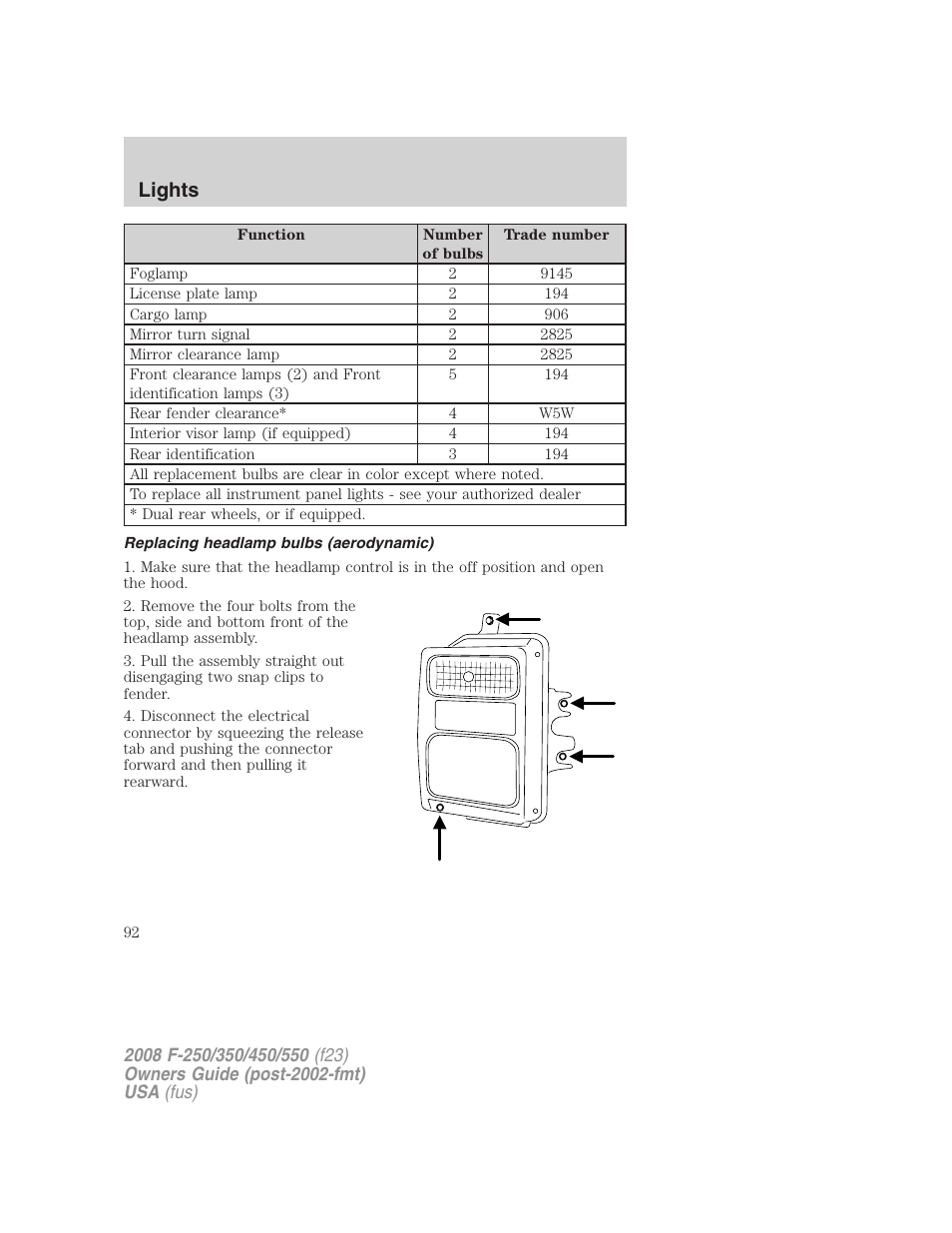 Replacing headlamp bulbs (aerodynamic), Lights | FORD 2008 F-550 v.4 User Manual | Page 92 / 400