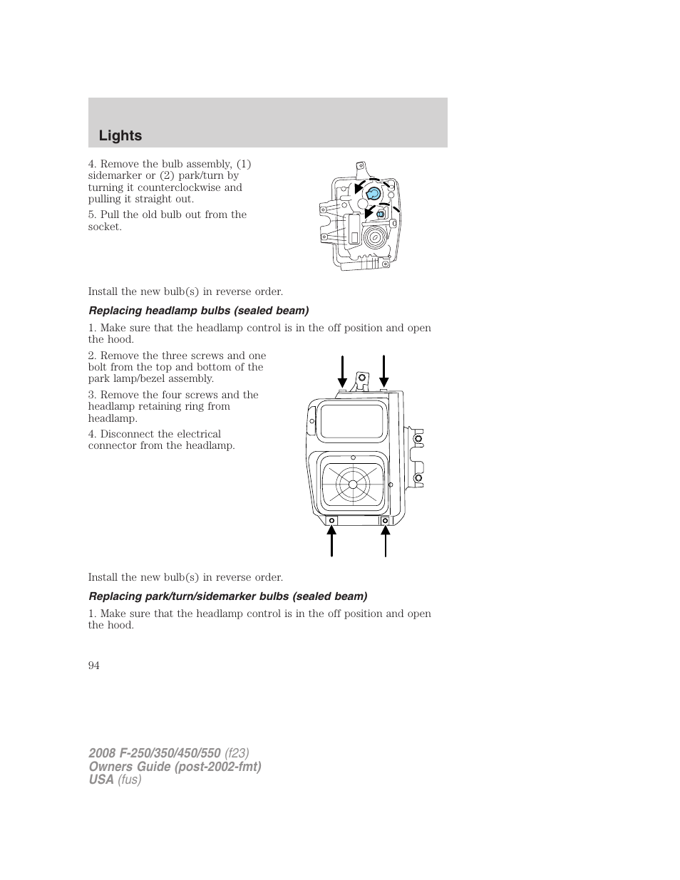 Replacing headlamp bulbs (sealed beam), Replacing park/turn/sidemarker bulbs (sealed beam), Lights | FORD 2008 F-550 v.4 User Manual | Page 94 / 400