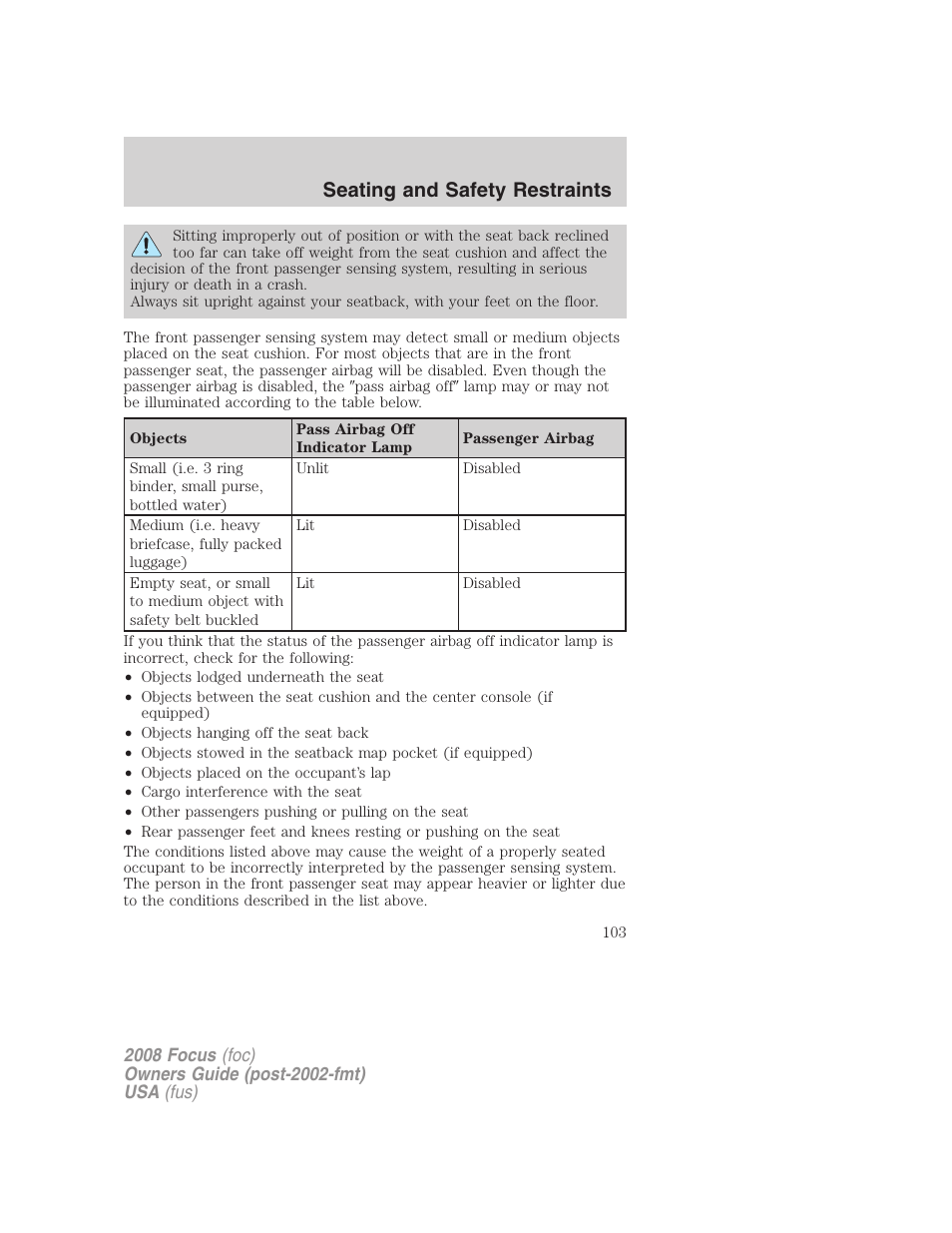 Seating and safety restraints | FORD 2008 Focus v.1 User Manual | Page 103 / 256