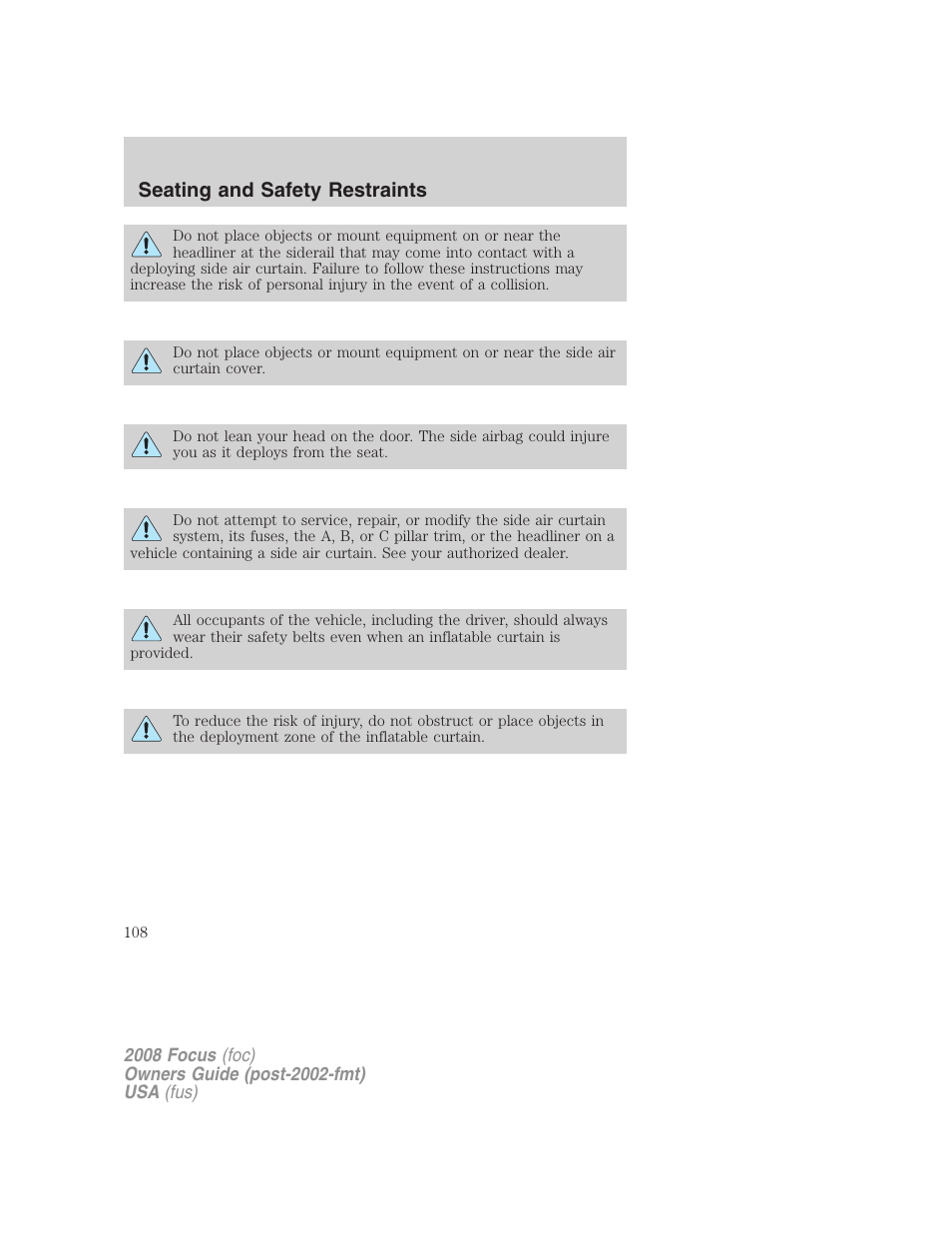 Seating and safety restraints | FORD 2008 Focus v.1 User Manual | Page 108 / 256