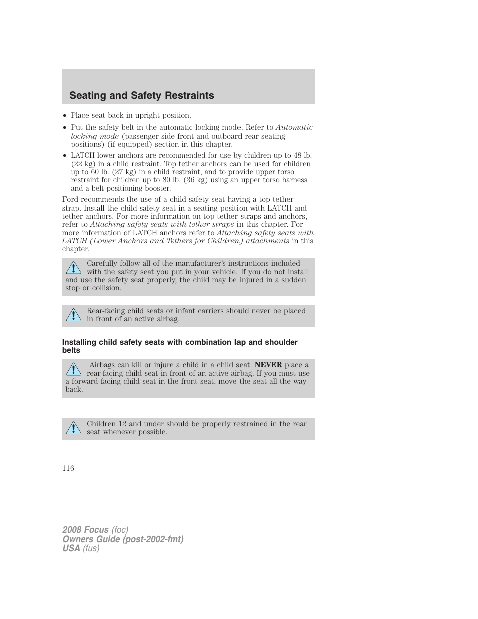 Seating and safety restraints | FORD 2008 Focus v.1 User Manual | Page 116 / 256