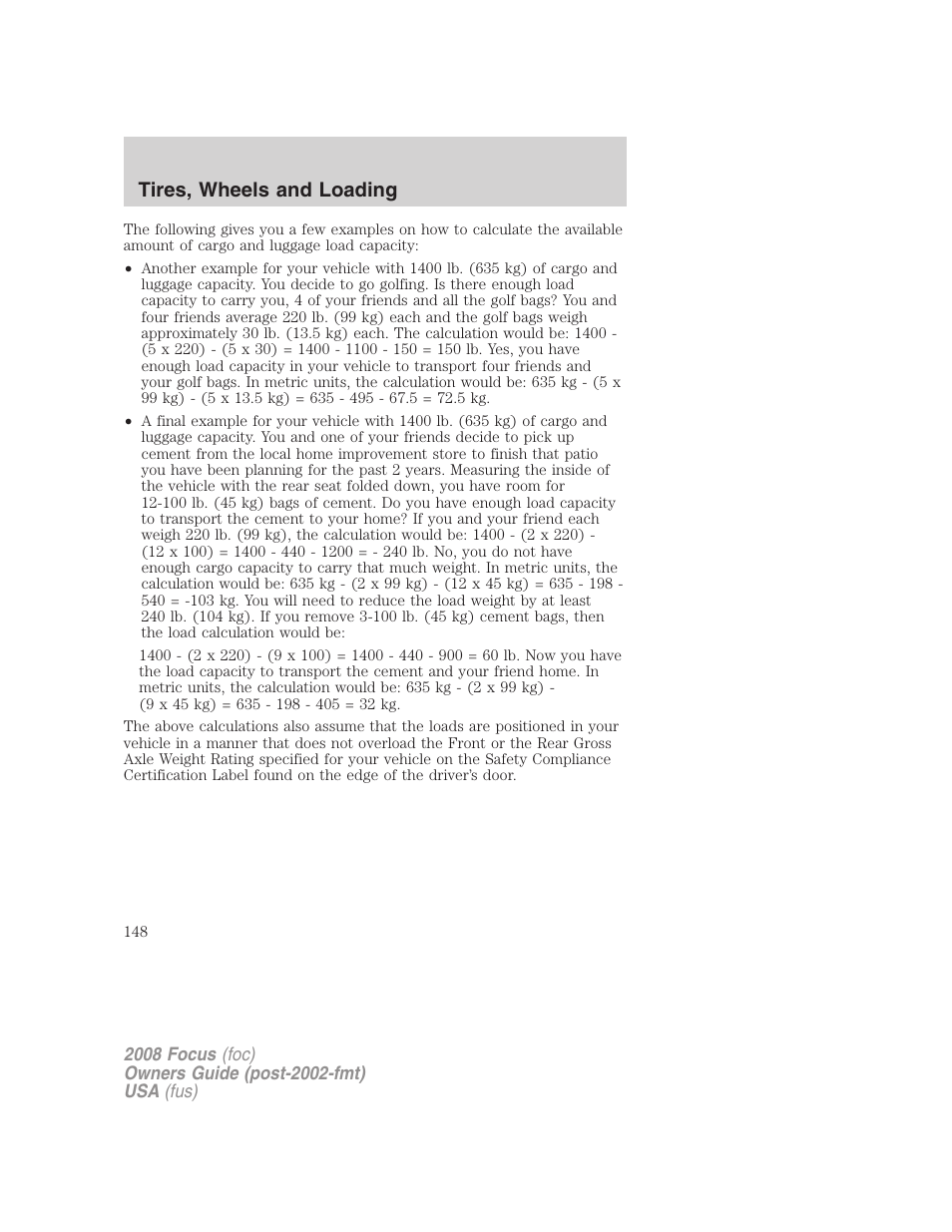 Tires, wheels and loading | FORD 2008 Focus v.1 User Manual | Page 148 / 256