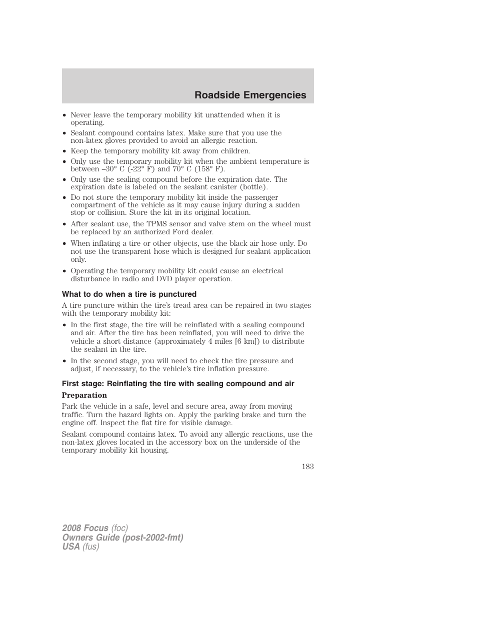 What to do when a tire is punctured, Roadside emergencies | FORD 2008 Focus v.1 User Manual | Page 183 / 256