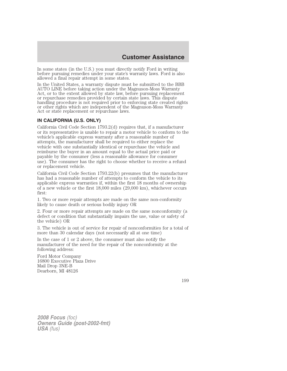 In california (u.s. only), Customer assistance | FORD 2008 Focus v.1 User Manual | Page 199 / 256