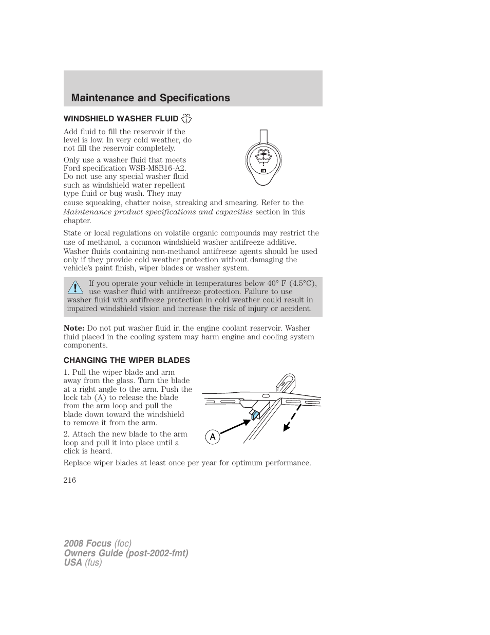 Windshield washer fluid, Changing the wiper blades, Maintenance and specifications | FORD 2008 Focus v.1 User Manual | Page 216 / 256
