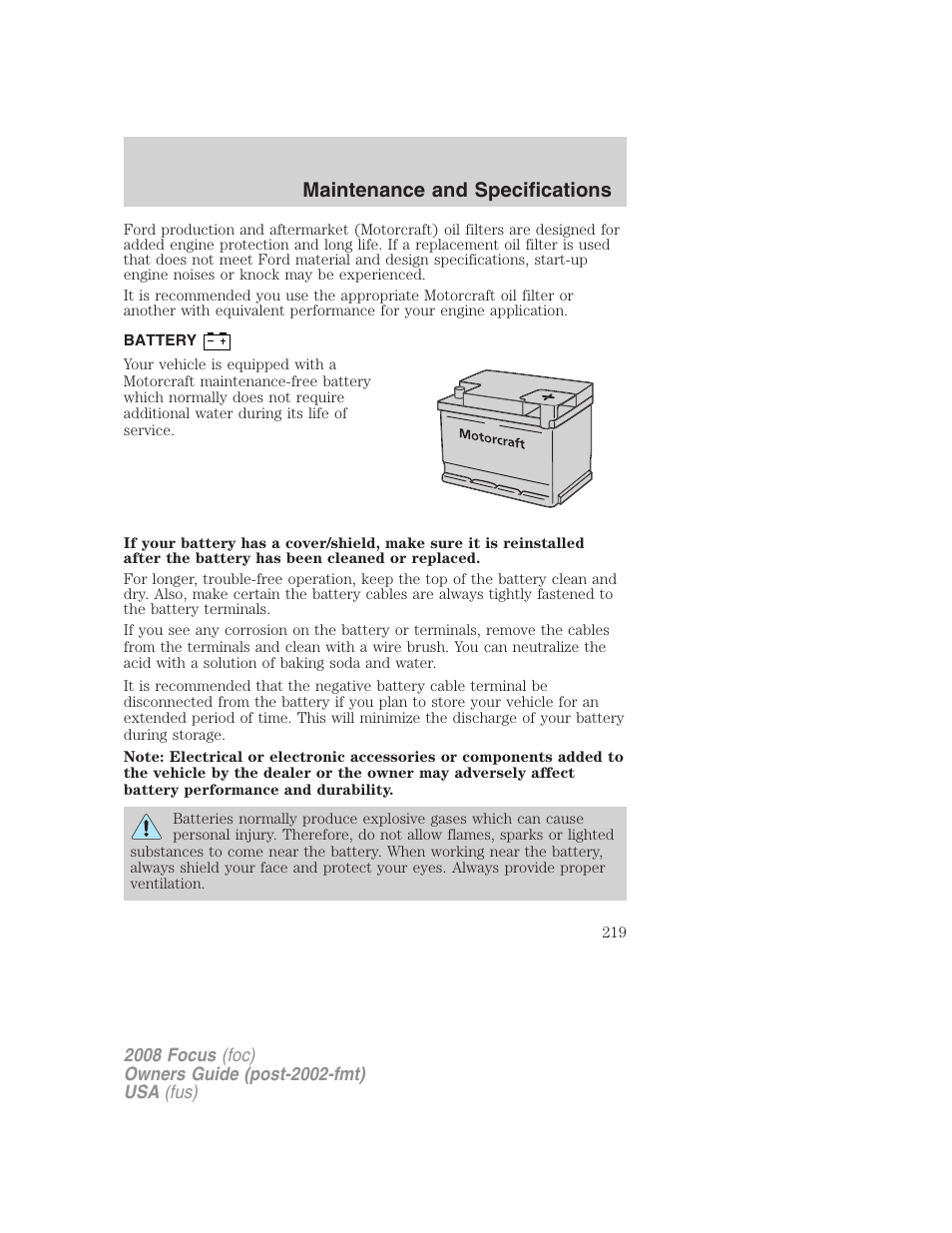 Battery, Maintenance and specifications | FORD 2008 Focus v.1 User Manual | Page 219 / 256