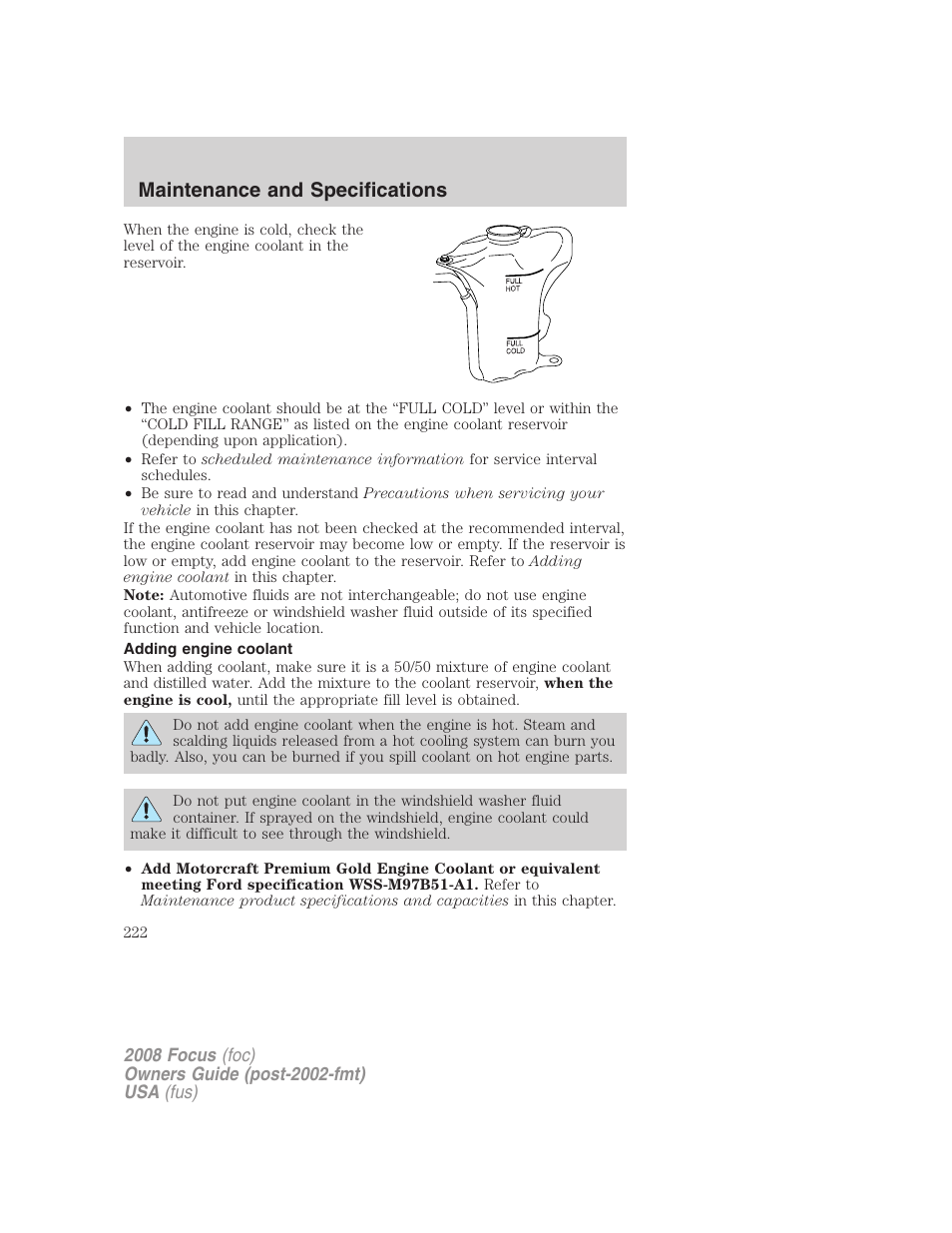 Adding engine coolant, Maintenance and specifications | FORD 2008 Focus v.1 User Manual | Page 222 / 256