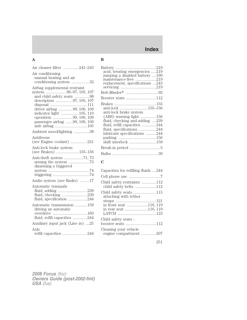 Index | FORD 2008 Focus v.1 User Manual | Page 251 / 256