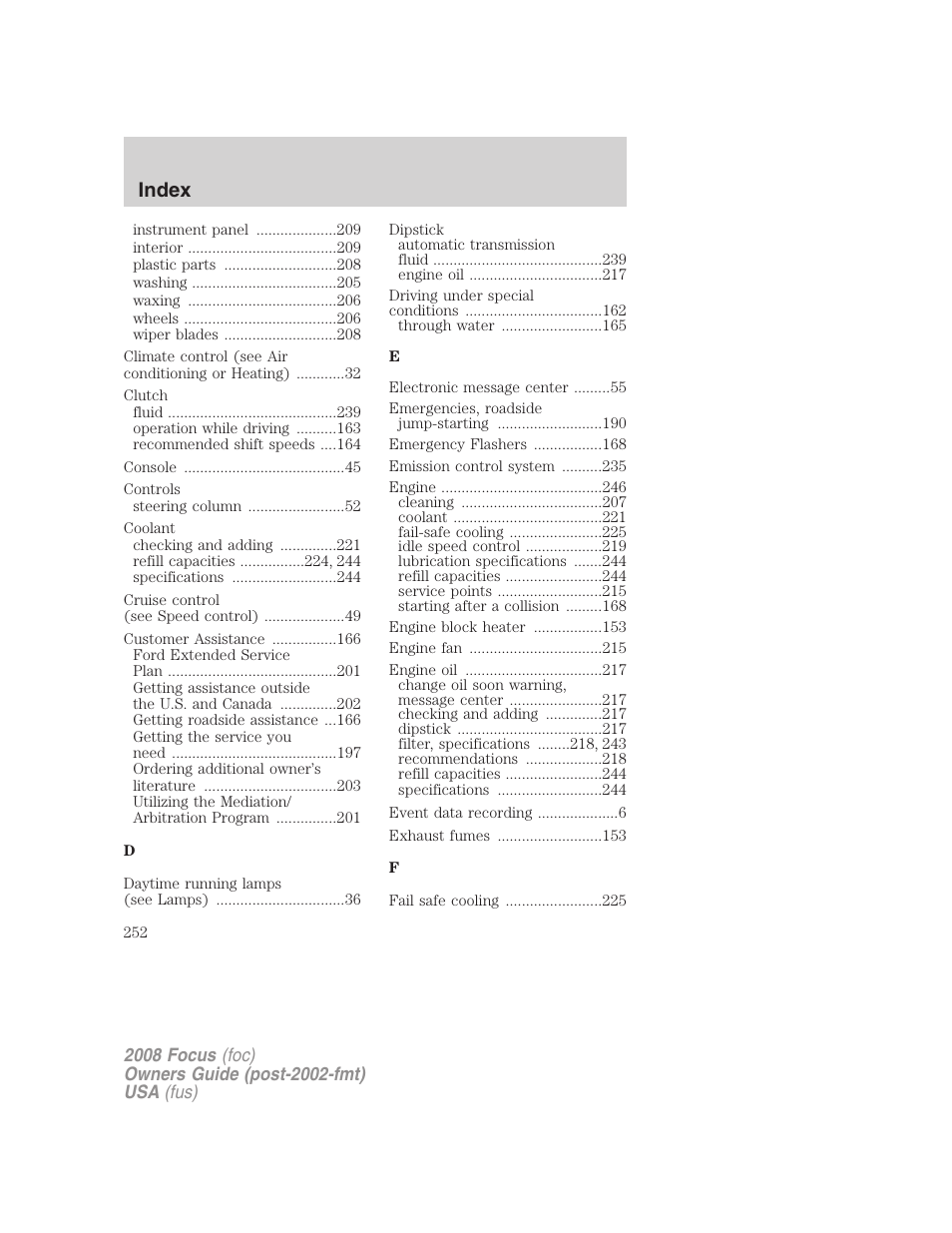 Index | FORD 2008 Focus v.1 User Manual | Page 252 / 256