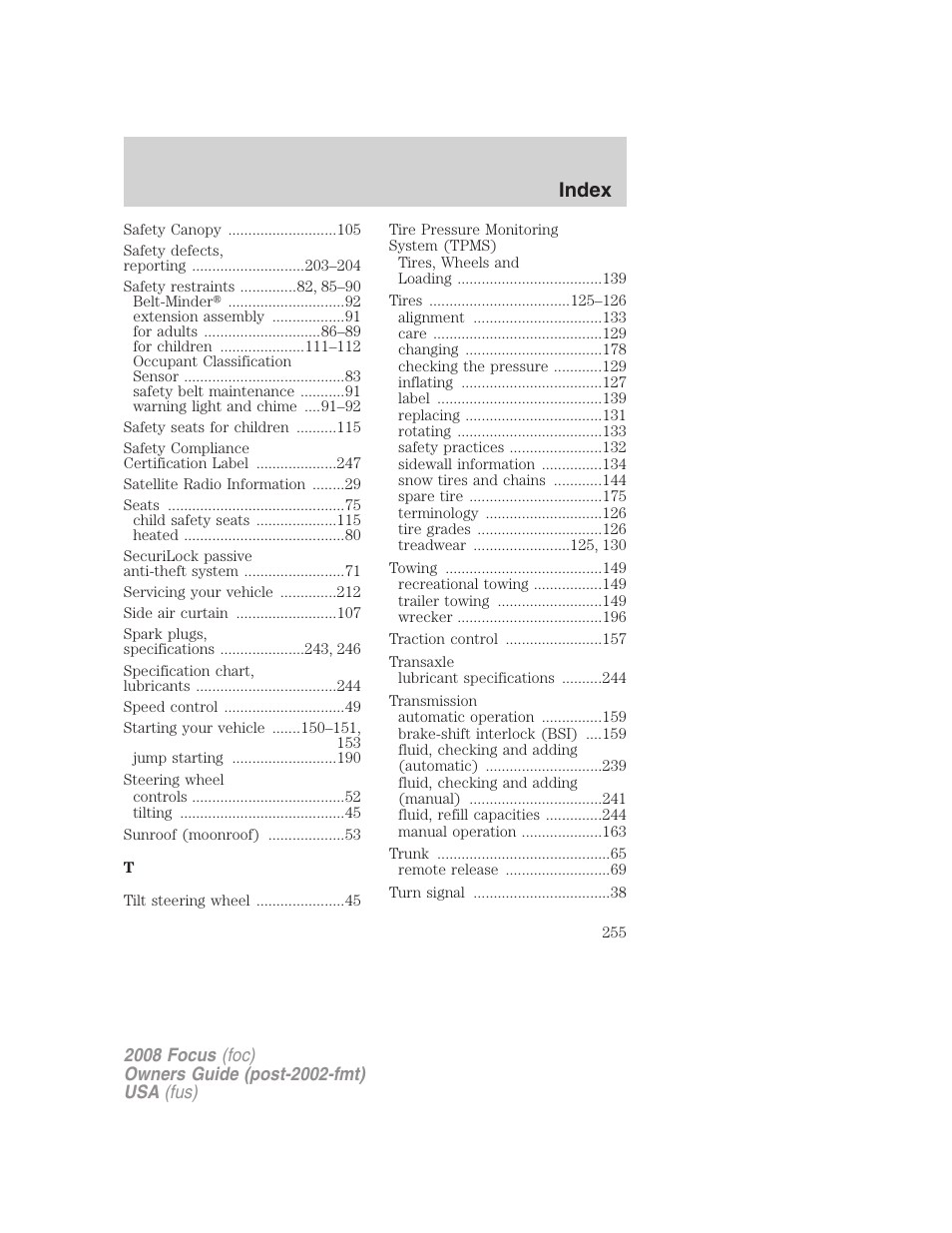Index | FORD 2008 Focus v.1 User Manual | Page 255 / 256