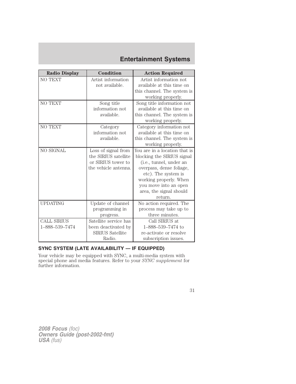 Sync system (late availability — if equipped), Entertainment systems | FORD 2008 Focus v.1 User Manual | Page 31 / 256