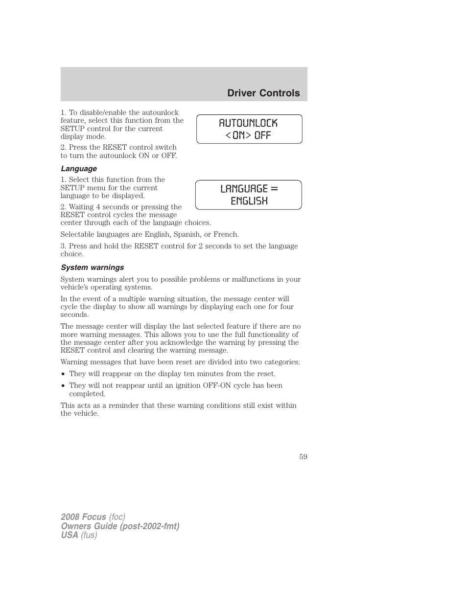 Language, System warnings, Driver controls | FORD 2008 Focus v.1 User Manual | Page 59 / 256