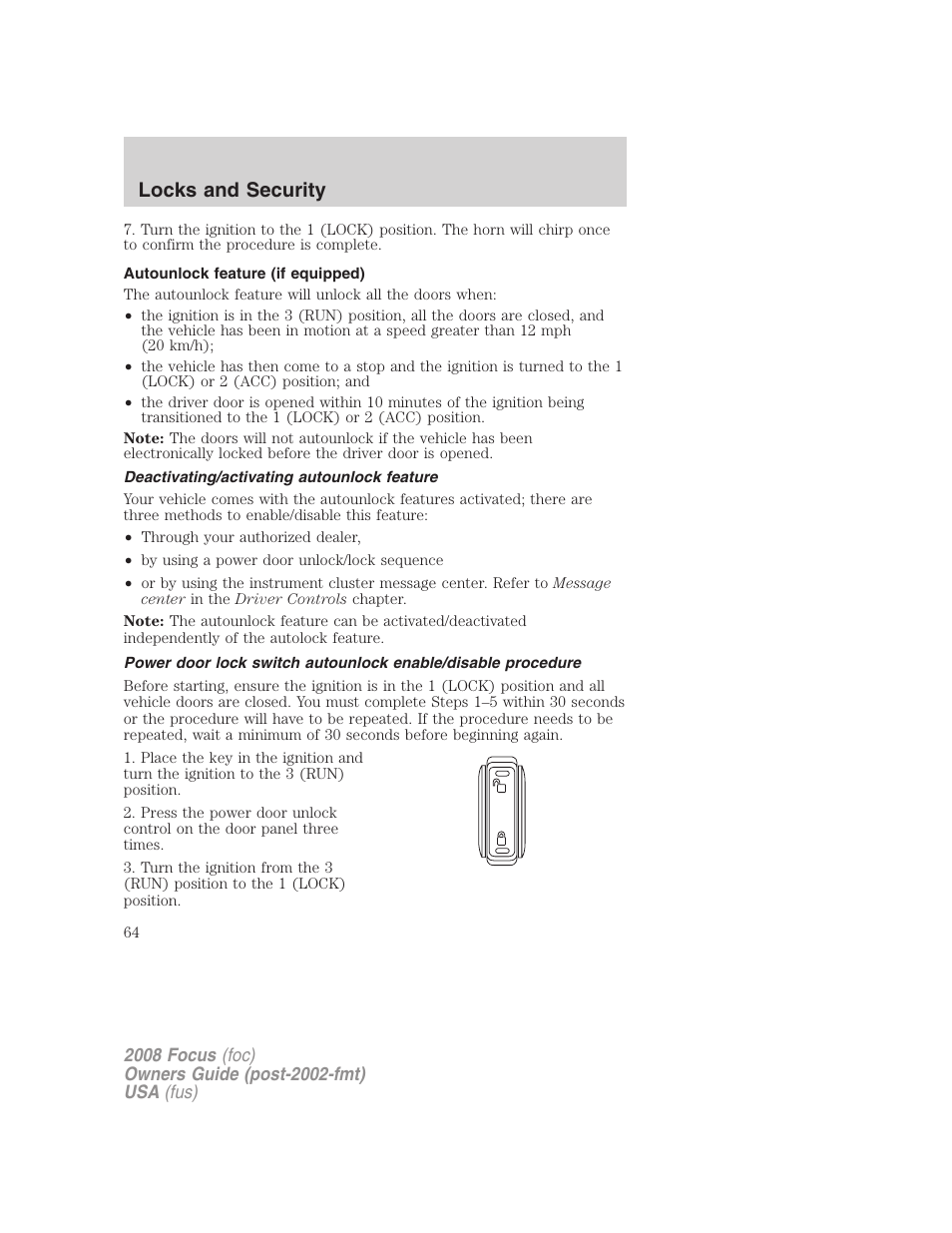 Autounlock feature (if equipped), Deactivating/activating autounlock feature, Locks and security | FORD 2008 Focus v.1 User Manual | Page 64 / 256