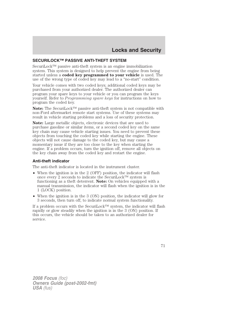 Securilock™ passive anti-theft system, Anti-theft indicator, Anti-theft system | Locks and security | FORD 2008 Focus v.1 User Manual | Page 71 / 256