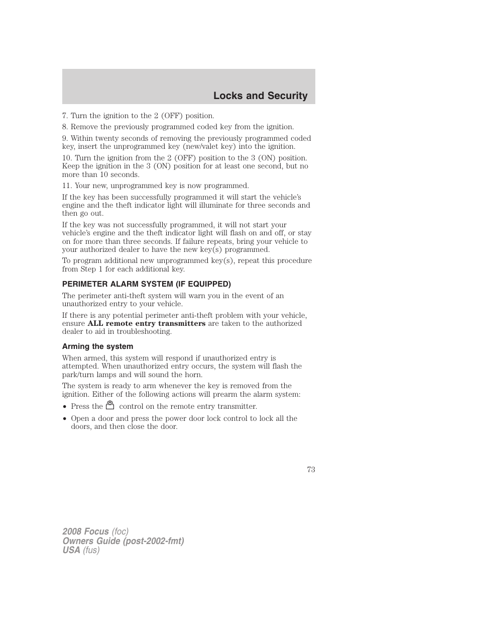 Perimeter alarm system (if equipped), Arming the system, Locks and security | FORD 2008 Focus v.1 User Manual | Page 73 / 256
