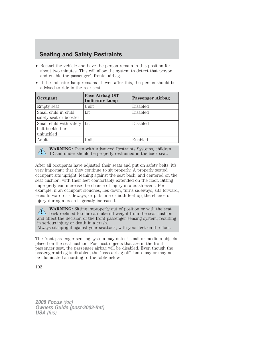 Seating and safety restraints | FORD 2008 Focus v.2 User Manual | Page 102 / 264