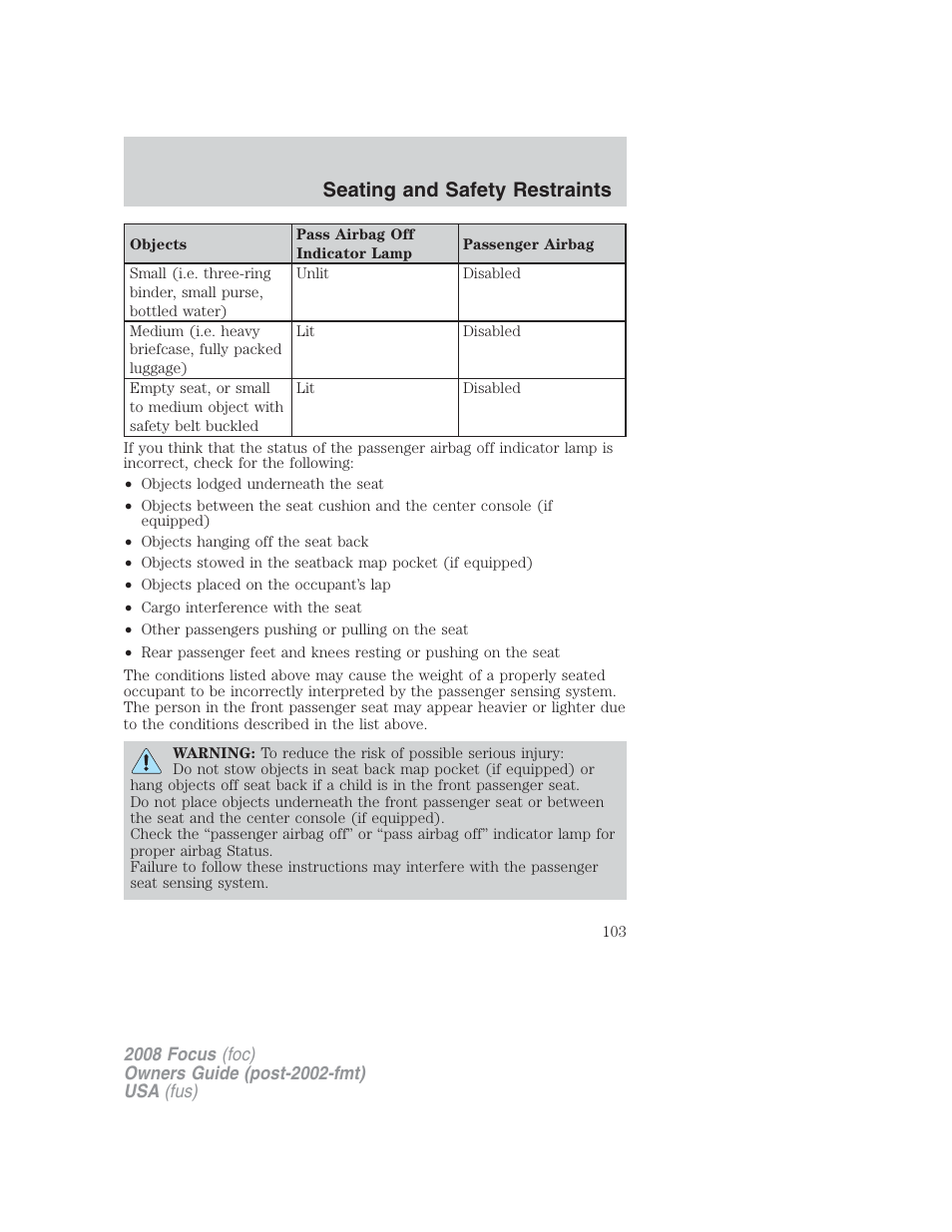 Seating and safety restraints | FORD 2008 Focus v.2 User Manual | Page 103 / 264