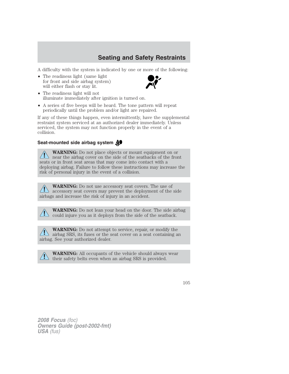 Seat-mounted side airbag system, Seating and safety restraints | FORD 2008 Focus v.2 User Manual | Page 105 / 264