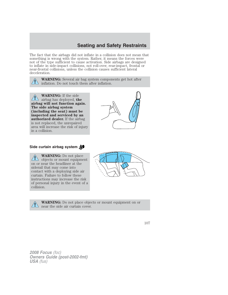 Side curtain airbag system, Seating and safety restraints | FORD 2008 Focus v.2 User Manual | Page 107 / 264