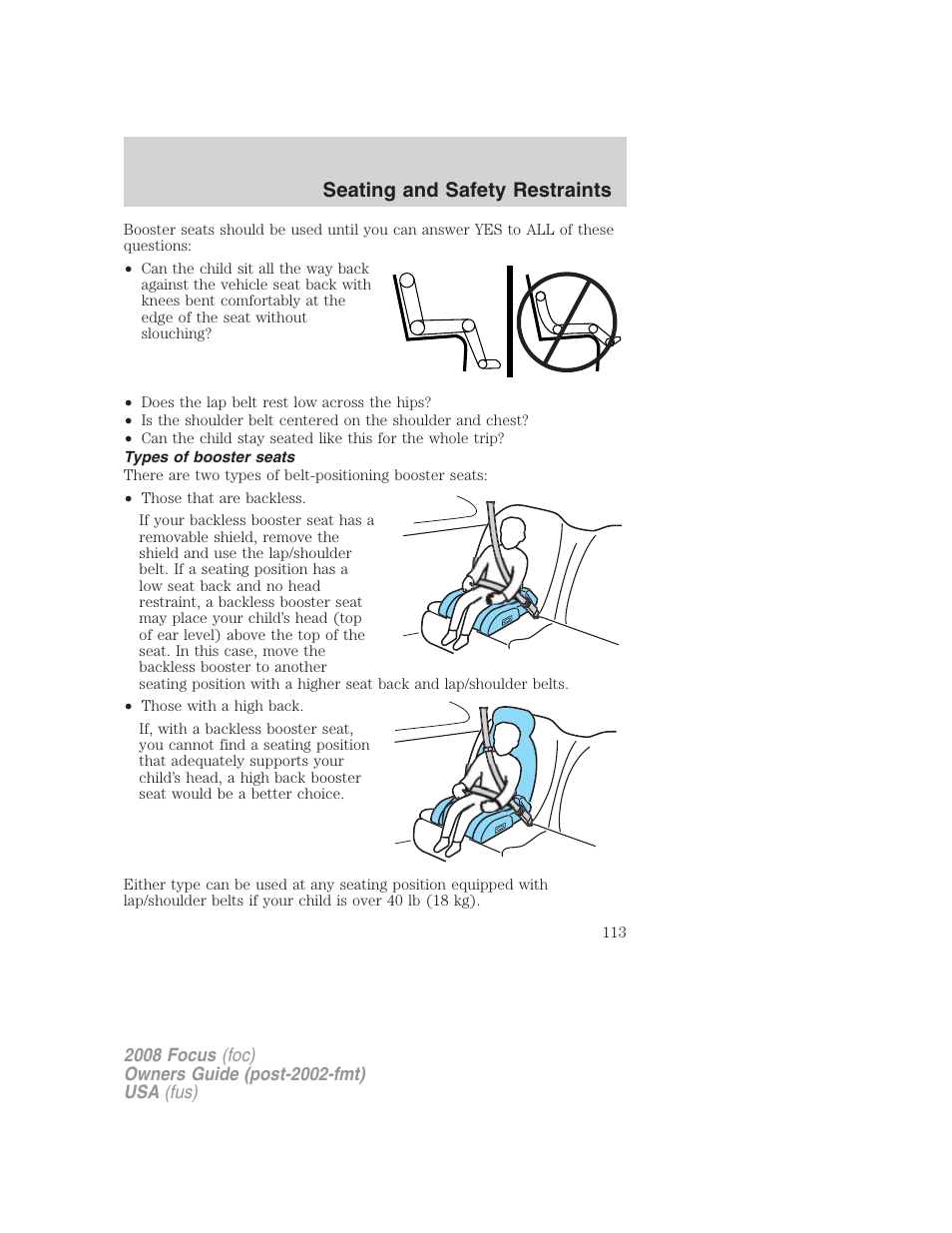 Types of booster seats, Seating and safety restraints | FORD 2008 Focus v.2 User Manual | Page 113 / 264