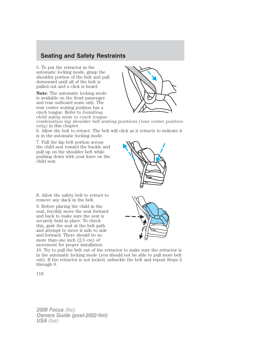 Seating and safety restraints | FORD 2008 Focus v.2 User Manual | Page 118 / 264