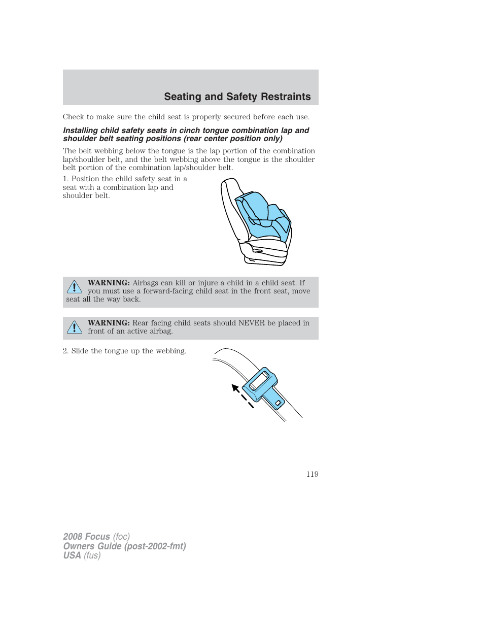 Seating and safety restraints | FORD 2008 Focus v.2 User Manual | Page 119 / 264